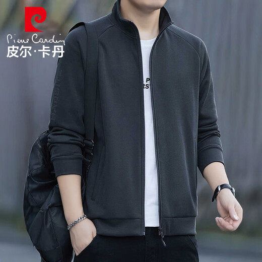 Pierre Cardin Jacket Men's Spring and Autumn Stand Collar Loose Versatile Simple Casual Fashion Loose Top Dark Gray 2XL