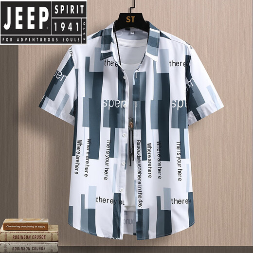JEEP SPIRIT夏季新款冰丝短袖衬衫男韩版时尚花衬衣百搭外穿休闲男装条纹衬衣 JT7027蓝色 M 90-109斤