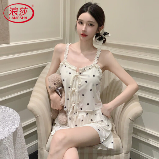 Langsha Pajamas de suspensión de alta gama para mujeres con una almohadilla del cofón de hielo delgada de dos piezas Sweet Sexy Sexy Pure y Deliciced Small Floral Home Ropa KZ7371 Red Cherry L