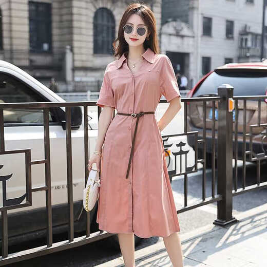 OLJ轻奢品牌连衣裙女2025年夏季新款高级感气质显瘦小翻领衬衫裙子 卡其色 XL