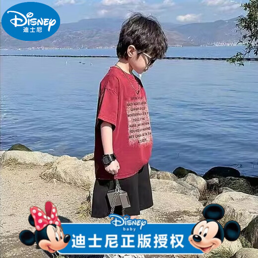 迪士尼（Disney）男童短袖T恤夏装2025新款儿童夏季帅气洋气体恤男孩夏款炸街衣服t 品牌【酒红色-761】 90 cm
