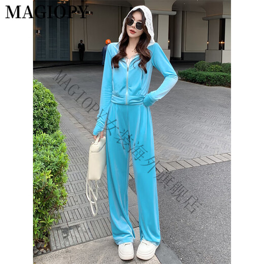 Magiopy International Luxury High-De-High Grain Velvet Traje de deportes informales de terciopelo para la chaqueta corta de empalme de primavera femenina Set de dos piezas azul S (100 Jin [Jin iguala 0.5 kg])
