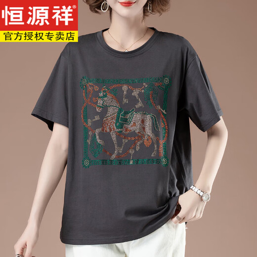 恒源祥胖mm短袖t恤女夏季大码宽松纯棉烫钻中年妈妈显瘦全棉薄款上衣女 黑色【9896款】 4XL 160-180斤