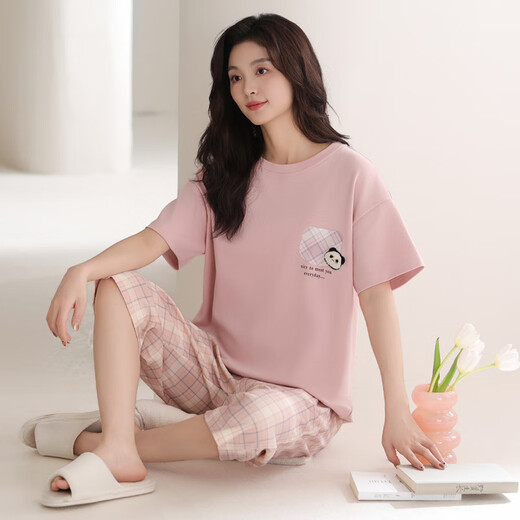Modal Pajamas de algodón delgado Summer Summer Pantalones de manga corta de manga corta Gran tamaño Casual Summer's Women's Home Cloting 1283 Pink M 160 [85-100Jin [Jin iguala 0.5 kg]]]