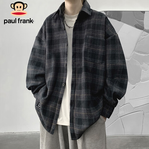 Paul Frank long-sleeved shirt men's spring and autumn Japanese casual plaid shirt men's trendy brand jacket men's dark gray XL