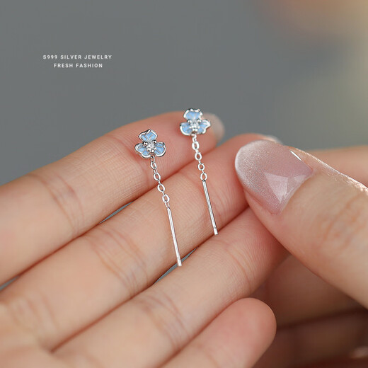 Nianfu blue iris flower earrings for women s999 pure silver pure silver ear wire ear piercing earrings earrings Mid-Autumn Festival gift for girls a pair of iris flower ear wire 999 pure silver