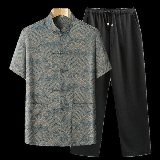 
SMVP Tang suit summer mulberry silk men's suit silk middle-aged and elderly short-sleeved thin shirt cotton dad summer suit grandpa China gray-blue top average size 3890-100Jin [Jin equals 0.5 kg]