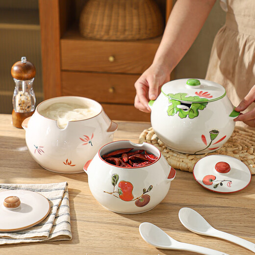 Sheli ceramic lard can with lid, high temperature resistance, household oil pot with lid, oil pot, seasoning jar, chili oil special medium lard pot 880ML - lotus style, with lid and spoon | can pour boiling oil