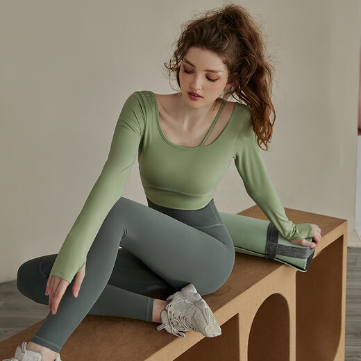 Duofanlian yoga clothing for women, spring and autumn long-sleeved suit, fitness running, Pilates training clothing, sports top, green top L