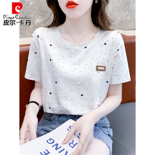 Pier Cardin Algodón puro Camiseta de manga corta para algodón de algodón para femeninos 2025 Nuevo diseño de cubierta de vientre suelta Tendencia de camiseta versátil Top 1396 Azul Meteor + 310 Red Love M Adecuado para 100-109Jin [Jin equivale a 0.5 kg]