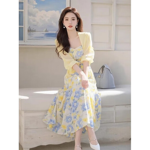 Clothing Yuan floral dress for women 2025 summer new French temperament beach vacation beach skirt cardigan dopamine wear cardigan + suspender skirt (two-piece set) L (105-115Jin[Jin equals 0.5 kg])