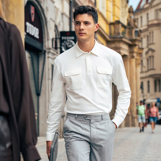Mr. Cloth Fashion Patch Pocket Long Sleeve T-shirt Men's 2025 Autumn and Winter New Style Shirt Collar Casual Simple Versatile Top Men's BT16856 Haoyuebai 3XL (190)