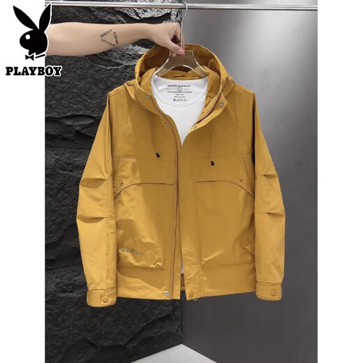 Playboy Spring and Autumn 2025 New Men's Jacket Workwear Hooded Loose Autumn and Winter Velvet Jacket Casual Top Black L Recommended weight 120-135 Jin Jin equals 0.5 kg