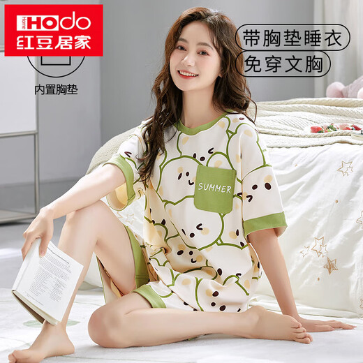 红豆（Hodo）夏季短袖睡衣套装女士自带胸垫一体家居服春秋大码薄款夏天可外穿 GXT1047 M (建议75-95斤)