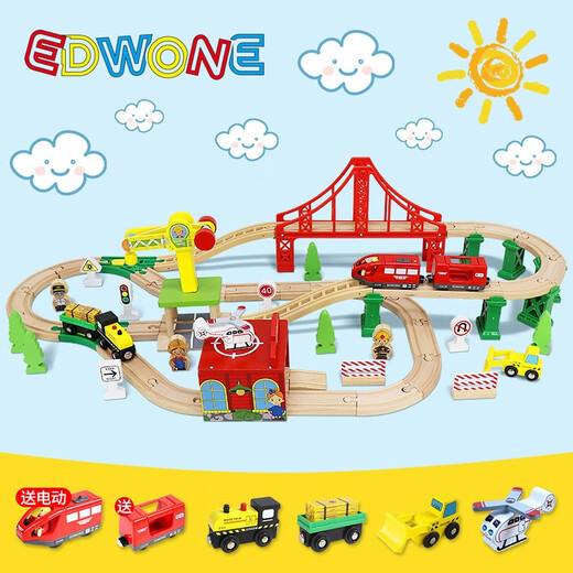 Modèle d'assemblage pour enfants en bois Electric Magnetic Remote Control Train en bois Track Track Train Train Train Train 70 pièces Grane de mine électrique + boîte de couleur Configuration standard officielle