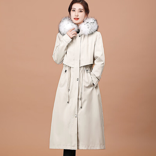 奥豚派克服女大衣长款獭兔毛皮草内胆可拆卸外套MXG2105 米白色  M 