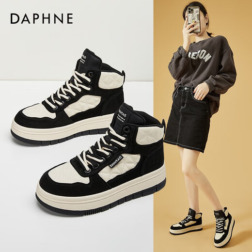 达芙妮（DAPHNE）厚底高帮老爹鞋女新款女鞋春秋款百搭学生休闲运动熊猫板鞋 黑色 单层 跟高4.5cm 38 (240mm)