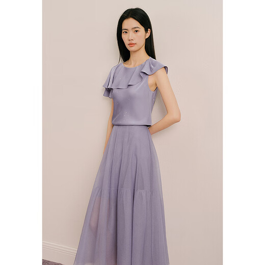 OBBLIGATO Olegato summer U-neck ruffled hand-beaded suit top light purple top S