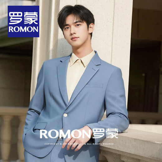 罗蒙（ROMON）高级感雾霾蓝商务休闲西服套装男士韩版修身职业正装挺括抗皱西装 雾霾蓝【西服+裤子】 XL (130斤内)