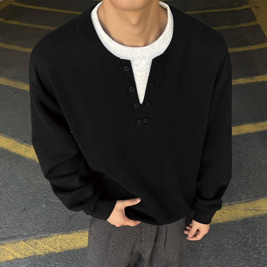 IZEXX fake two-piece Henry collar sweatshirt men's autumn round neck simple versatile loose bottoming shirt top JW19 black 2XL
