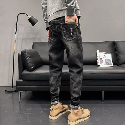 AEXMERE Men's Ripped Jeans Summer Brand Trendy Brand Slim Feet 2025 Nouveau été 6636 Black 31