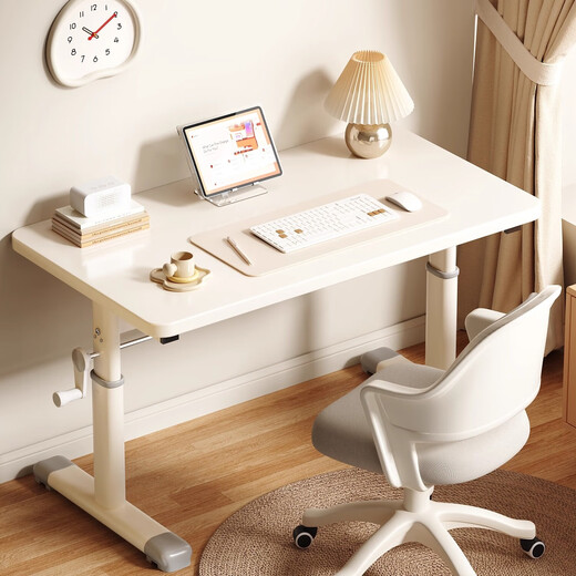 MODX Desk Study Table Children's Special 6-18 Years Old Solid Wood Liftable Junior High School High School Student Home Student Writing Desk Hand Lift Thickened Solid Wood - White 80*60cm