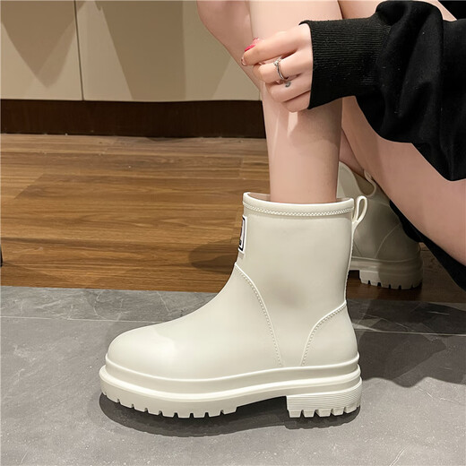 佰妮珂韩版时尚款雨鞋女外穿防滑雨靴厨房洗车防水胶鞋低筒加绒保暖水鞋 白色 38码 标准码数