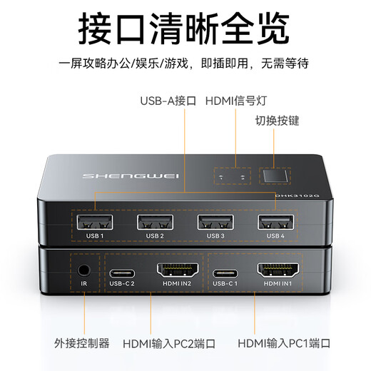 Shengwei HDMI KVM switch Cortador de pantalla de 2 entradas y 1 salida Teclado 4K60HZ, ratón, impresora, compartidor, dos computadoras comparten el monitor DHK3102G