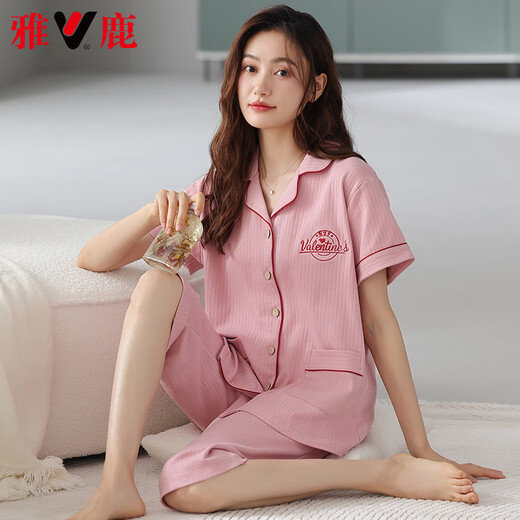雅鹿高档2025新款睡衣女夏季纯棉短袖七分裤夏天宽松大码开衫家居服 NX9898 XL