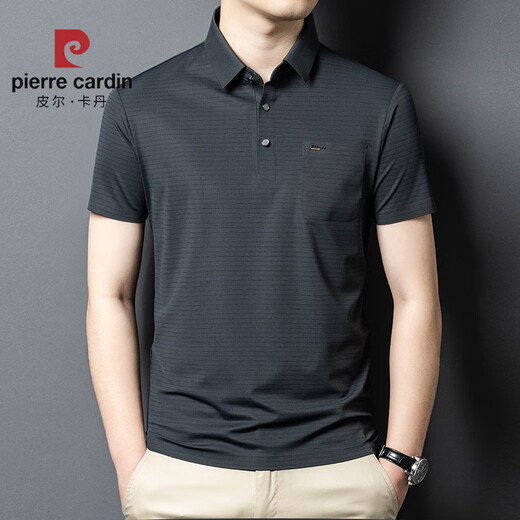 皮尔卡丹（pierre cardin）2025冰丝短袖男T恤中年爸爸装夏季薄款休闲透气无痕条纹polo衫男 深灰15286 2XL 54建议体重160-175斤