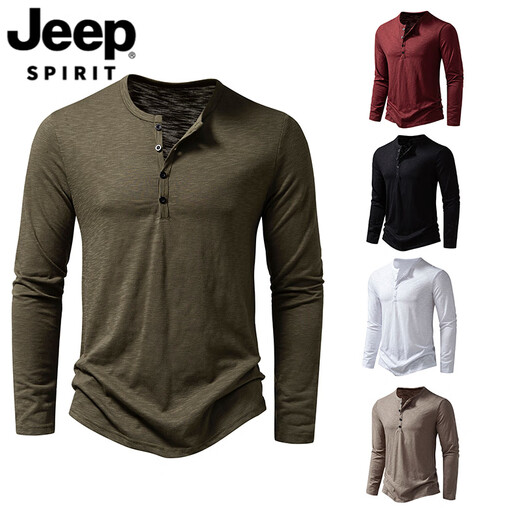 JEEP SPIRIT European and American commuter long-sleeved door tube collar T-shirt men's plus size plus size thin Henry collar T-shirt pullover bottoming shirt white S 110-140Jin Jin equals 0.5 kg