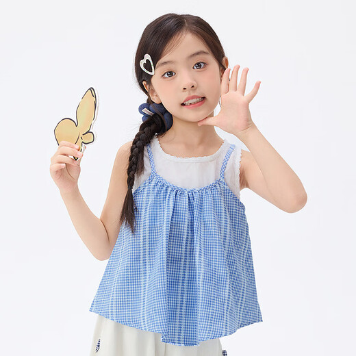 Inman children's clothing girls' sleeveless suspender shirt fake two-piece summer fashion casual plaid top for middle and older children blue grid 140
