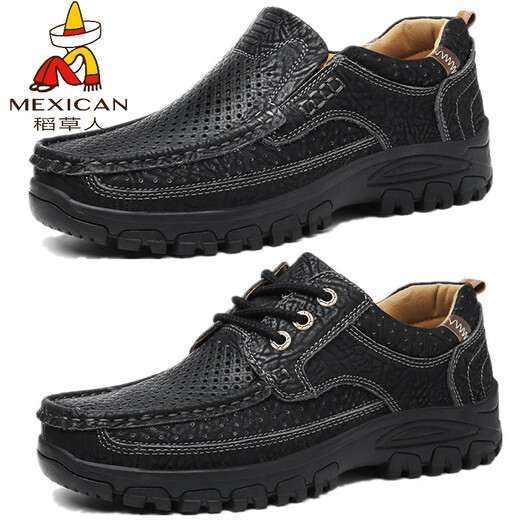 Scarecrow (MEXICAN) outdoor men's shoes genuine leather breathable cowhide big head leather shoes waterproof thick sole soft sole dad's shoes workwear shoes sports mountaineering DWW-6198 black 38