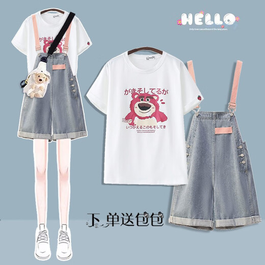 酷章（KUZHANG）背带连衣裙学生夏季2025新款少女短袖t恤两件套初高中12-15岁裙裤 单件6218背带短裤 S 80-90斤