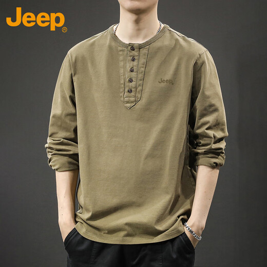 Jeep (JEEP) long-sleeved T-shirt men's spring and autumn trendy brand retro Henry collar cotton bottoming shirt top men's brown 2XL