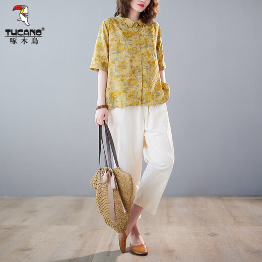 Versión coreana de Woodpecker Gran Traje de algodón y lino de algodón D para la carne de carne para mujeres Camisa impresa de dos piezas 2025 Summer New Fat M Girl Yellow XL Big