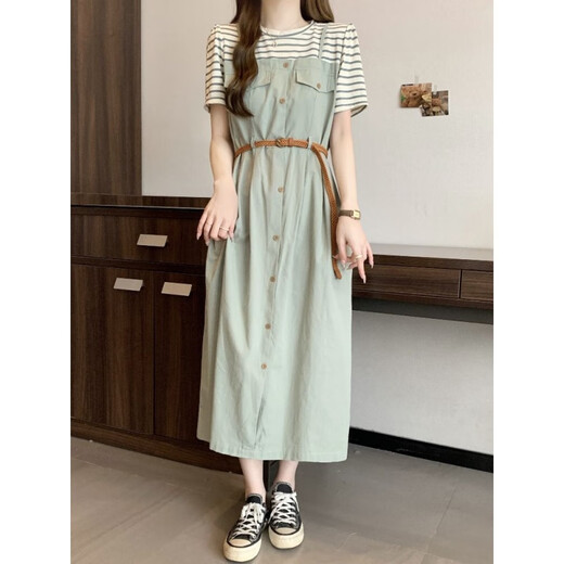 
Kexin 140Jin [Jin equals 0.5 kg] Fat mm dress looks slim and fat MM extra large size 300Jin [Jin equals 0.5 kg] Fake two-piece striped T-shirt dress for women summer C1049-bean green dress without belt M (80-110Jin [Jin equals 0.5 kg])