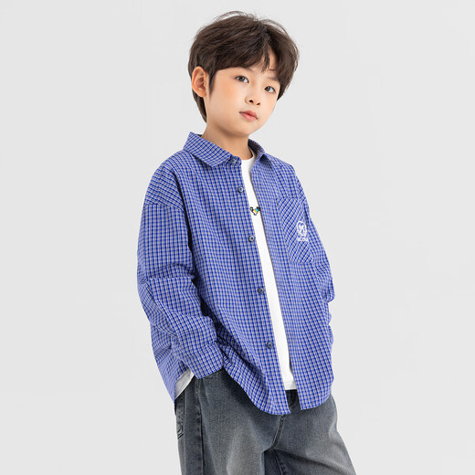 Duojia Boys' Shirts 2026 Spring and Autumn Classic Navy Blue Plaid Jacket LOGO Embroidered American Children's College Style Top