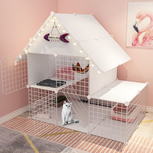Cat Cage Home Indoor Cat Villa with Toilet Clearance Large Extra Large Free Space Small Cat Nest Cattery Three-story Small Bungalow + Pink Jump Platform - Multi-Cat Paradise Exclusive Model Hardcover Model + Cat Litter Box + Dual-Purpose Cat Bowl