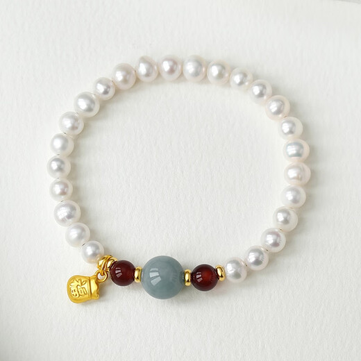 Queen of Pearls Lucky Bag Jade Agate Bracelet 5-6mm Freshwater Pearl Bracelet Fashionable and Simple