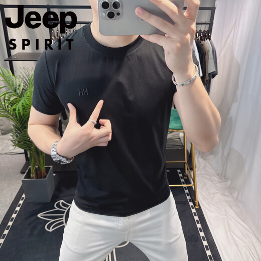 Jeep Spirit European Station Sommer Herren Kurzarm T-Shirt 2025 Neu personalisierte einfache trendige Marke Mode Stickerei Stickelte Körperhemd von weißem BG6624 m (90-105jin [Jin gleich 0,5 kg]))