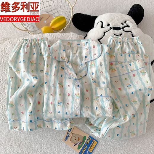 维多利亚的格调三件套樱桃小熊睡衣女夏季短袖可爱卡通宽松云朵棉夏天家居服套装 JS-9905#黑爱心-三件套 短袖上衣 M 码 155-162 体重100斤内