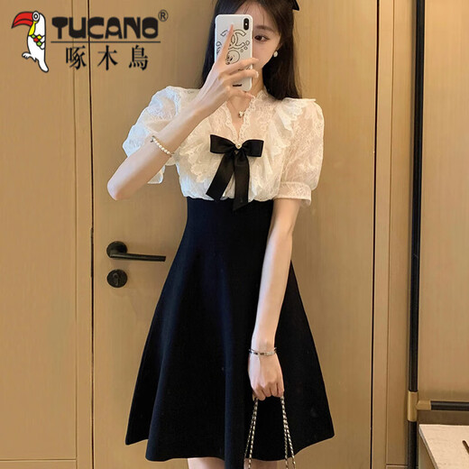 啄木鸟显瘦气质高端名媛连衣裙女装2025年夏装新款高级感甜美裙子小个子 黑色 2XL 130-145斤