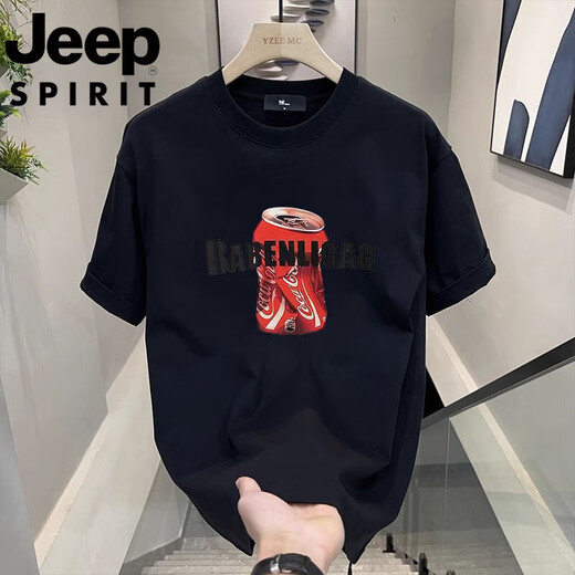 吉普（JEEP）短袖t恤男士夏季新款印花圆领宽松休闲运动吸汗透气体恤男装 723黑色【重磅纯.棉】 M 90-100斤