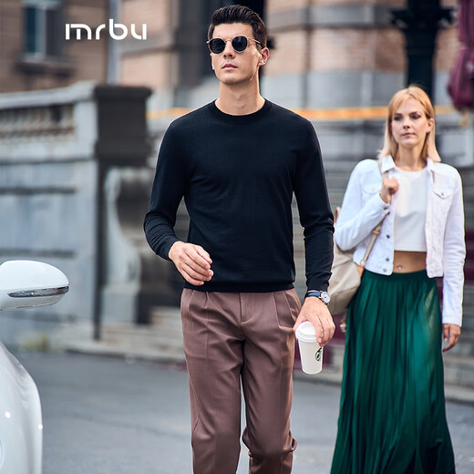 Mr. Bu's Fashionable Collar Color Blocked Autumn Wool T Machine Washable Soft Men's Wool Sweater BT11983 Piano Black L (175)