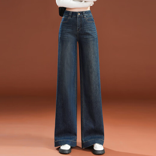 RAJKPOOR Retro High Waist Denim Straight Pants Women's Pants 2025 Autumn New Style This Year's Popular Velvet Wide Leg Long Pants Retro Blue - Pants <Spring and Autumn Style> XL / Recommended 116-125 Jin Jin is equal to 0.5 kg