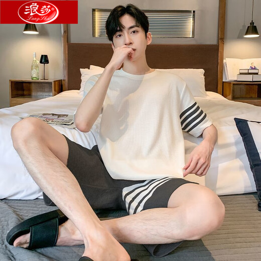 Langsha Pyjamas en coton pur pour hommes en été à manches courtes à manches courtes, style de maison entièrement en ligne de grande taille de grande taille 679 Z9359 L 115-130Jin [Jin est égal à 0,5 kg]