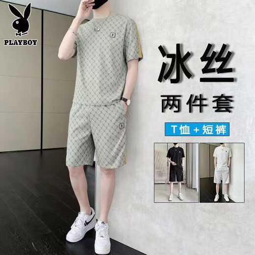 Playboy Casual Two-Tiefe Set Herren Sommereis Ice Seide Thin Sportswear Set Herren trendy T-Shirt Kurzarm Short/Hosen ein komplettes weißes Set [Kurzarm + Hosen] L (Empfohlen 115-135jin [Jin gleich 0,5 kg]))