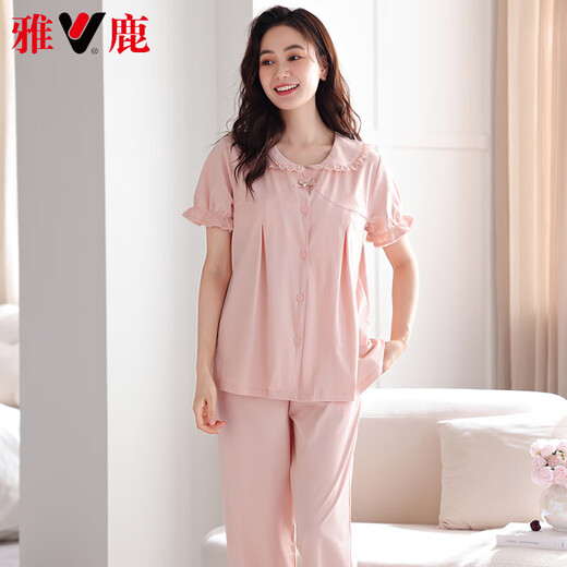 雅鹿高档新款睡衣女士夏季带胸垫一体纯棉短袖长裤家居服春秋薄款套装 LSF-693嫩绿 M 160体重85-105斤