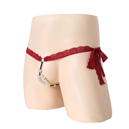 Men's sexy lace pearl underwear, men's thong pants with beads, low-waist hollow breathable T-string pants, black, one-size-fits-all, adjustable straps